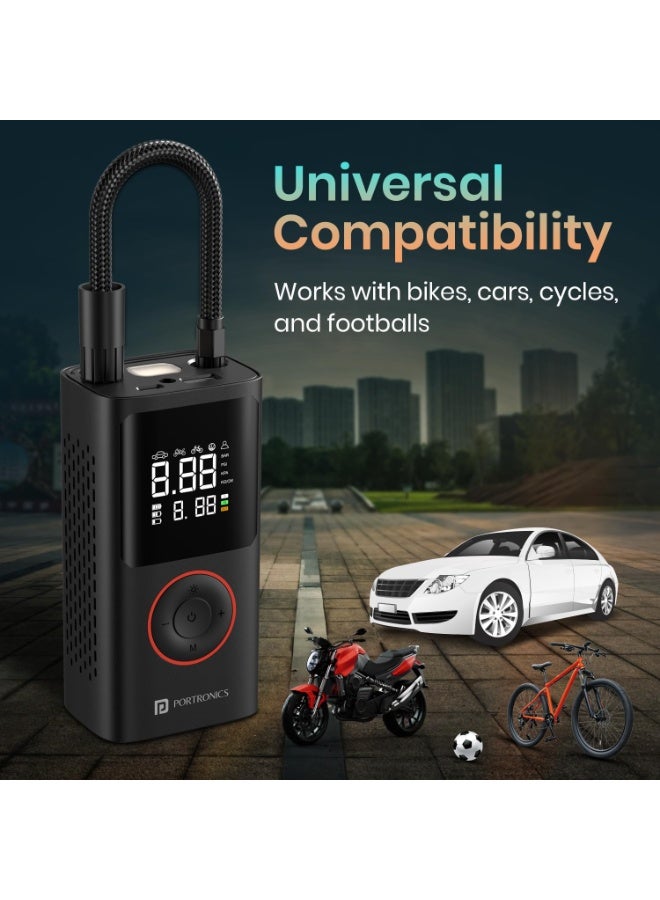بورترونيكس Portronics Vayu, 2-in-1 Tyre Inflator, Rechargeable & Corded Power, Preset Inflation Modes, Digital Display, Flashlight Torch with SOS, Auto Shut-Off, Multi-Purpose Use (Black) - Image 2